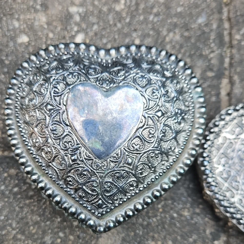 2 Pc Vintage Silver Heart-Shaped Jewelry Organizer Set Ring Holder Trinket Box
